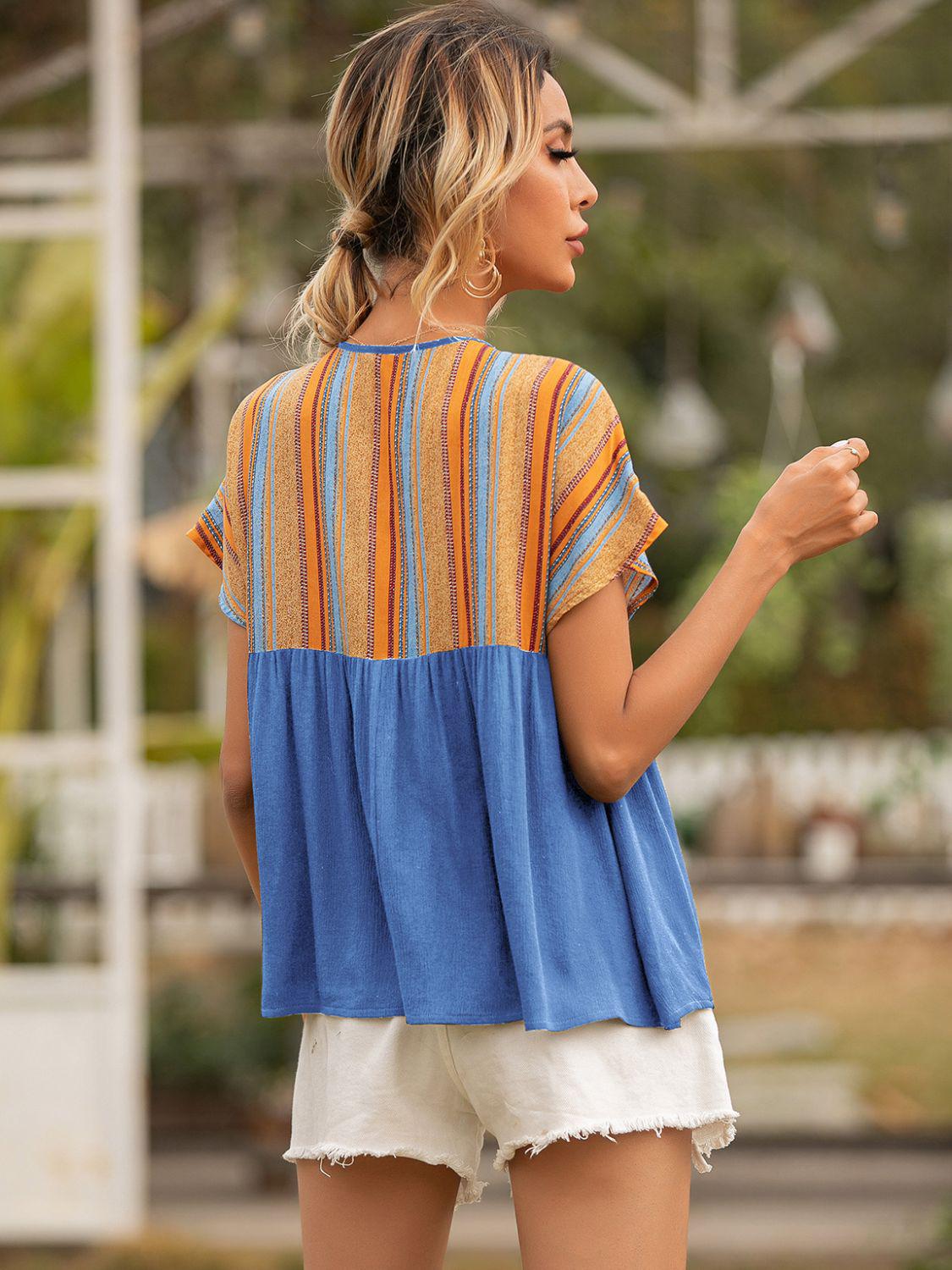 Striped Tie Neck Short Sleeve Blouse BLUE ZONE PLANET