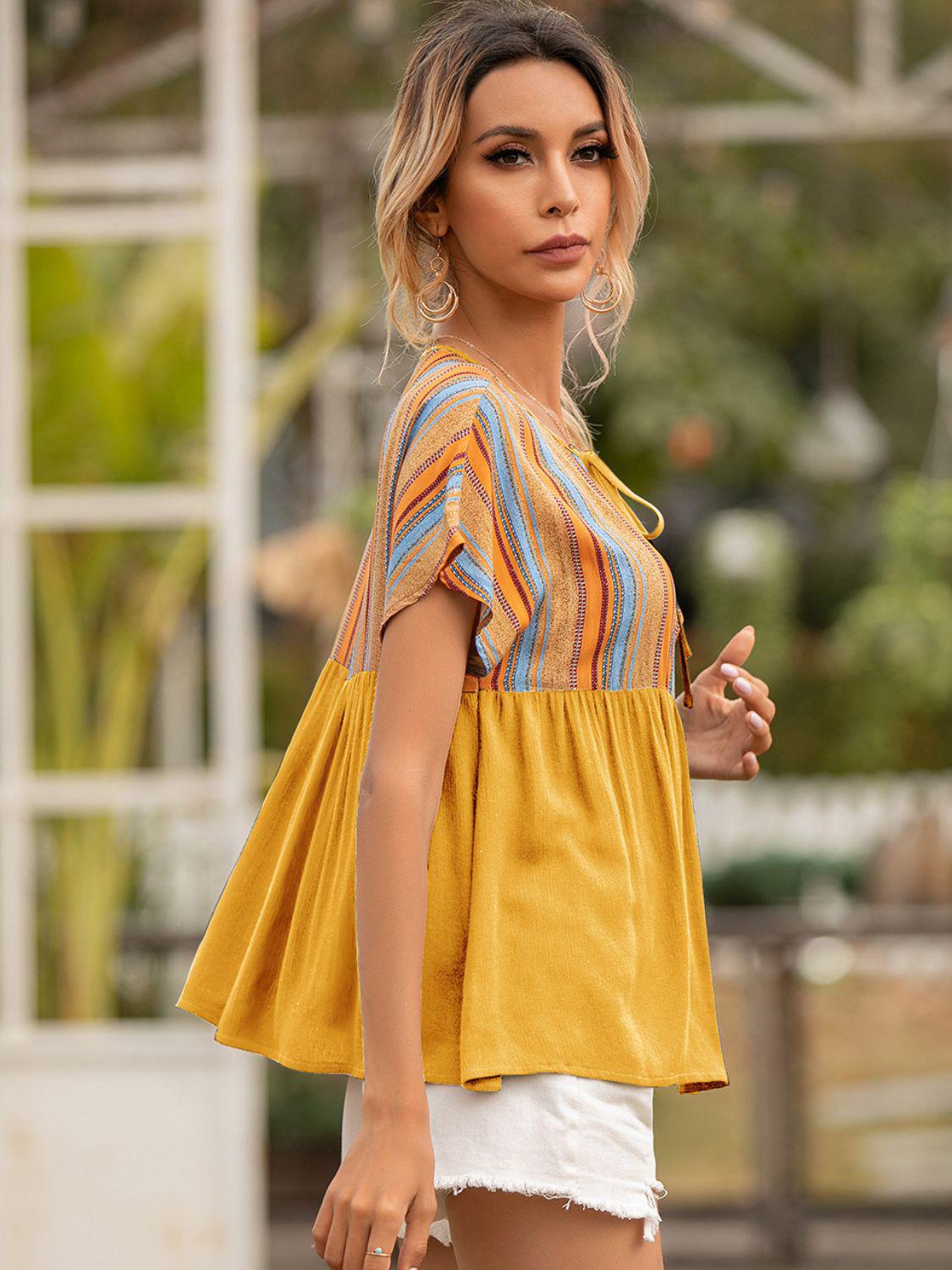 Striped Tie Neck Short Sleeve Blouse BLUE ZONE PLANET