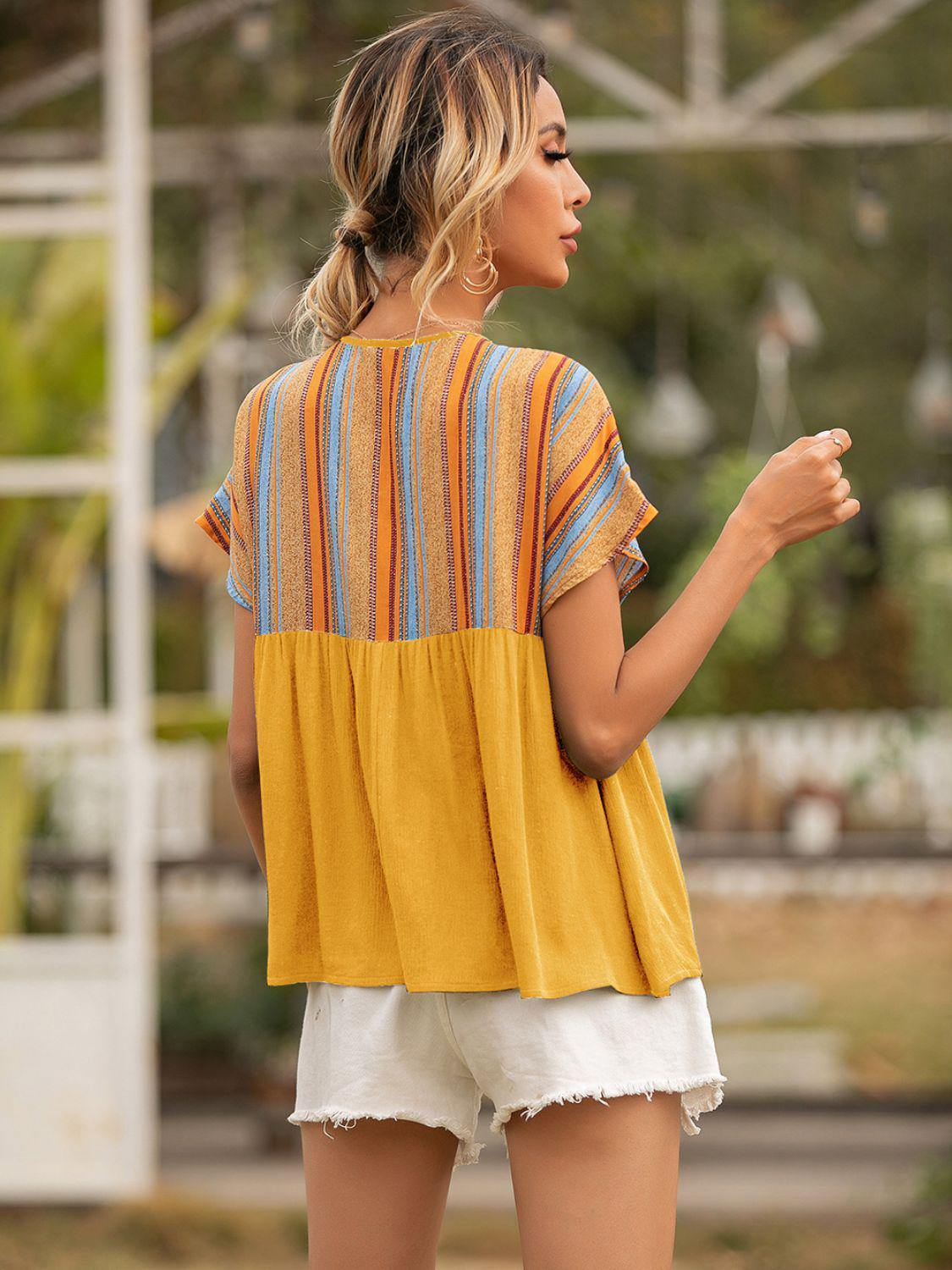 Striped Tie Neck Short Sleeve Blouse BLUE ZONE PLANET
