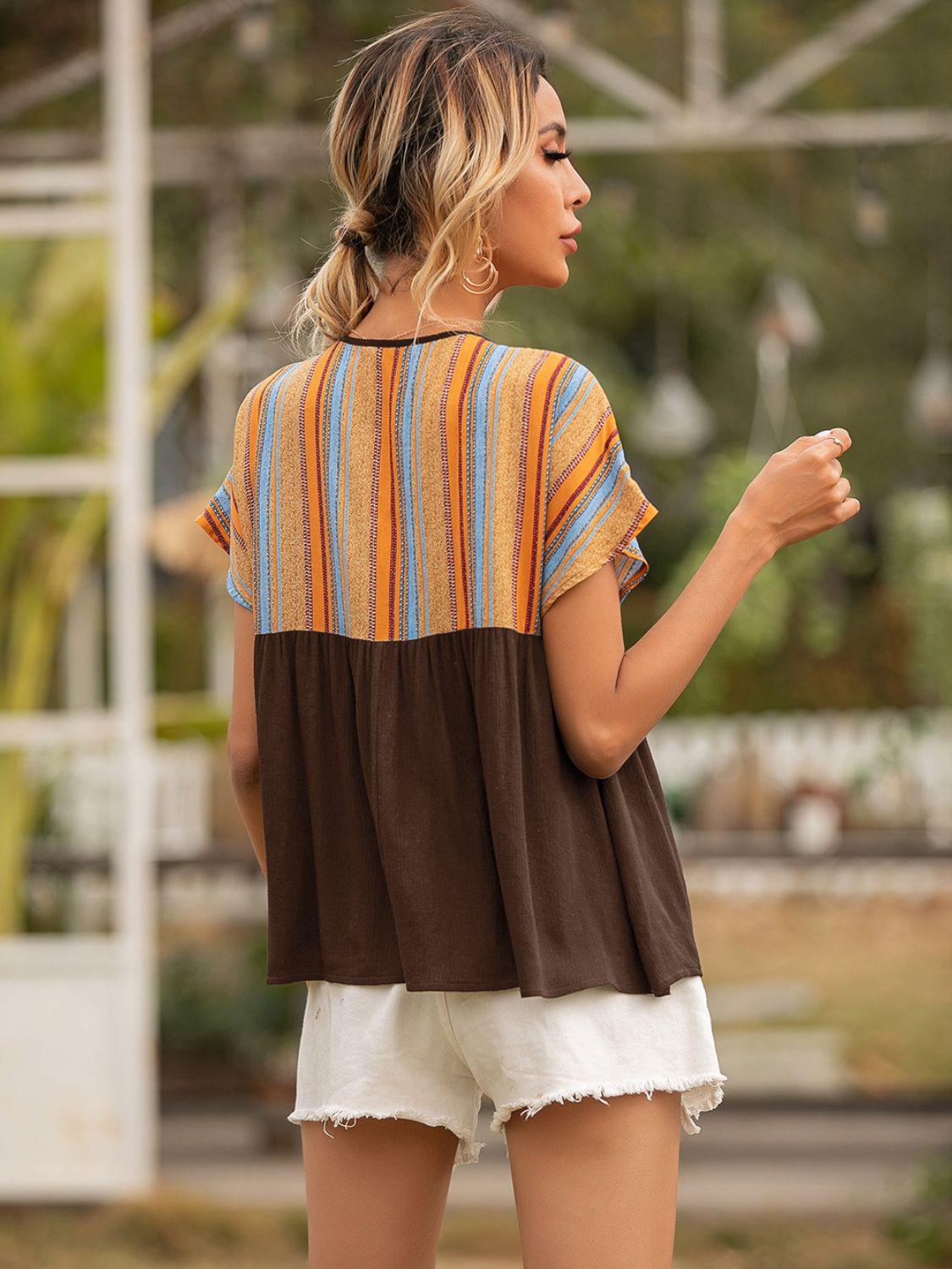Striped Tie Neck Short Sleeve Blouse BLUE ZONE PLANET
