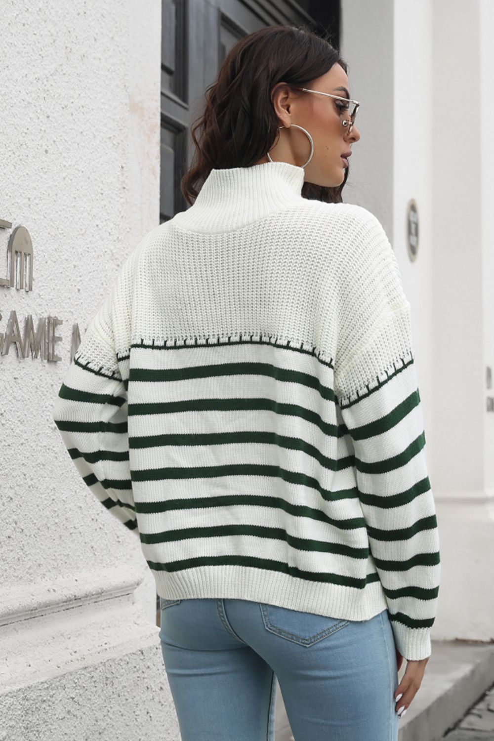 Striped Turtleneck Drop Shoulder Sweater BLUE ZONE PLANET
