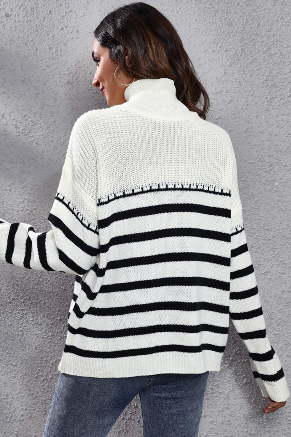Striped Turtleneck Drop Shoulder Sweater BLUE ZONE PLANET