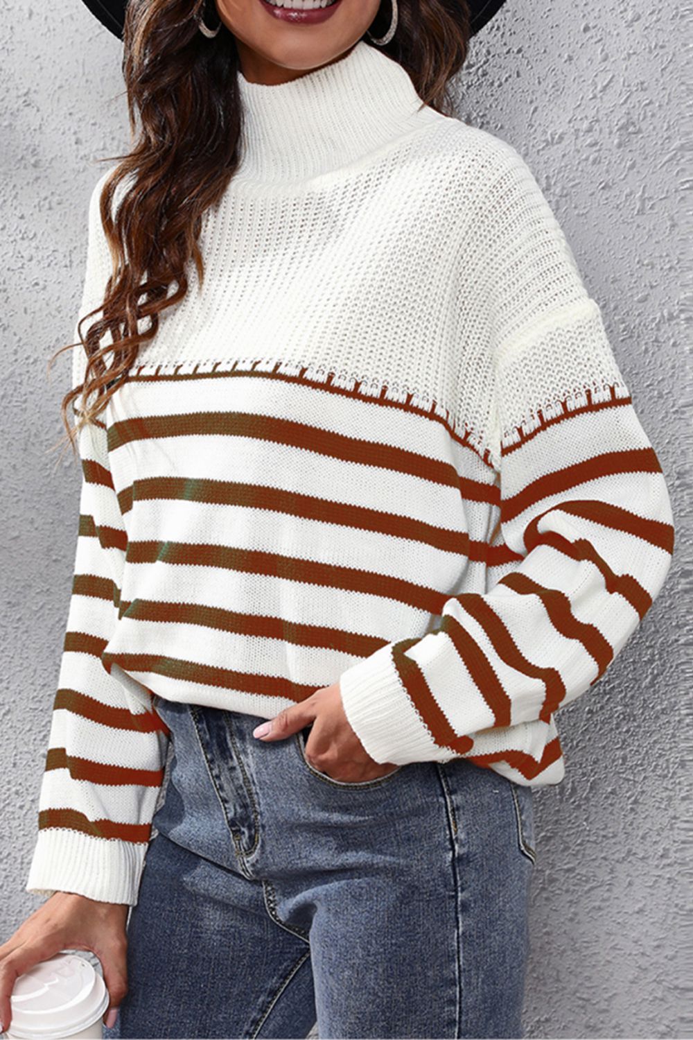Striped Turtleneck Drop Shoulder Sweater BLUE ZONE PLANET