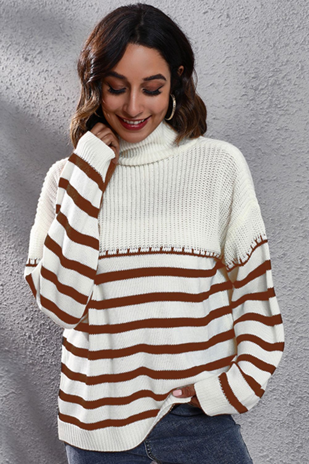 Striped Turtleneck Drop Shoulder Sweater BLUE ZONE PLANET