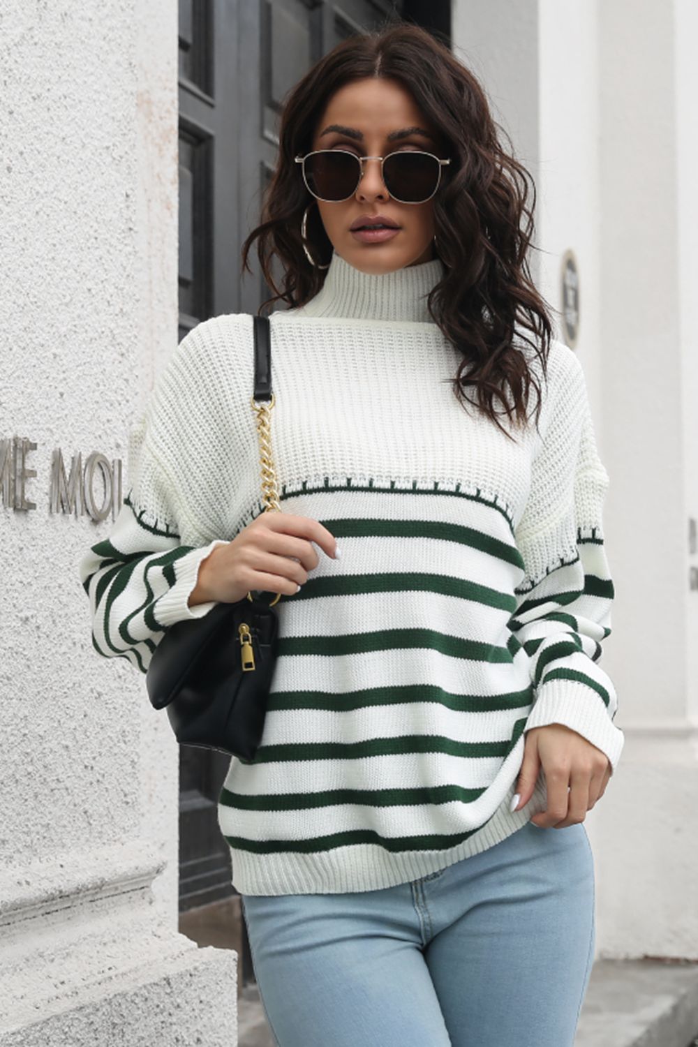 Striped Turtleneck Drop Shoulder Sweater BLUE ZONE PLANET