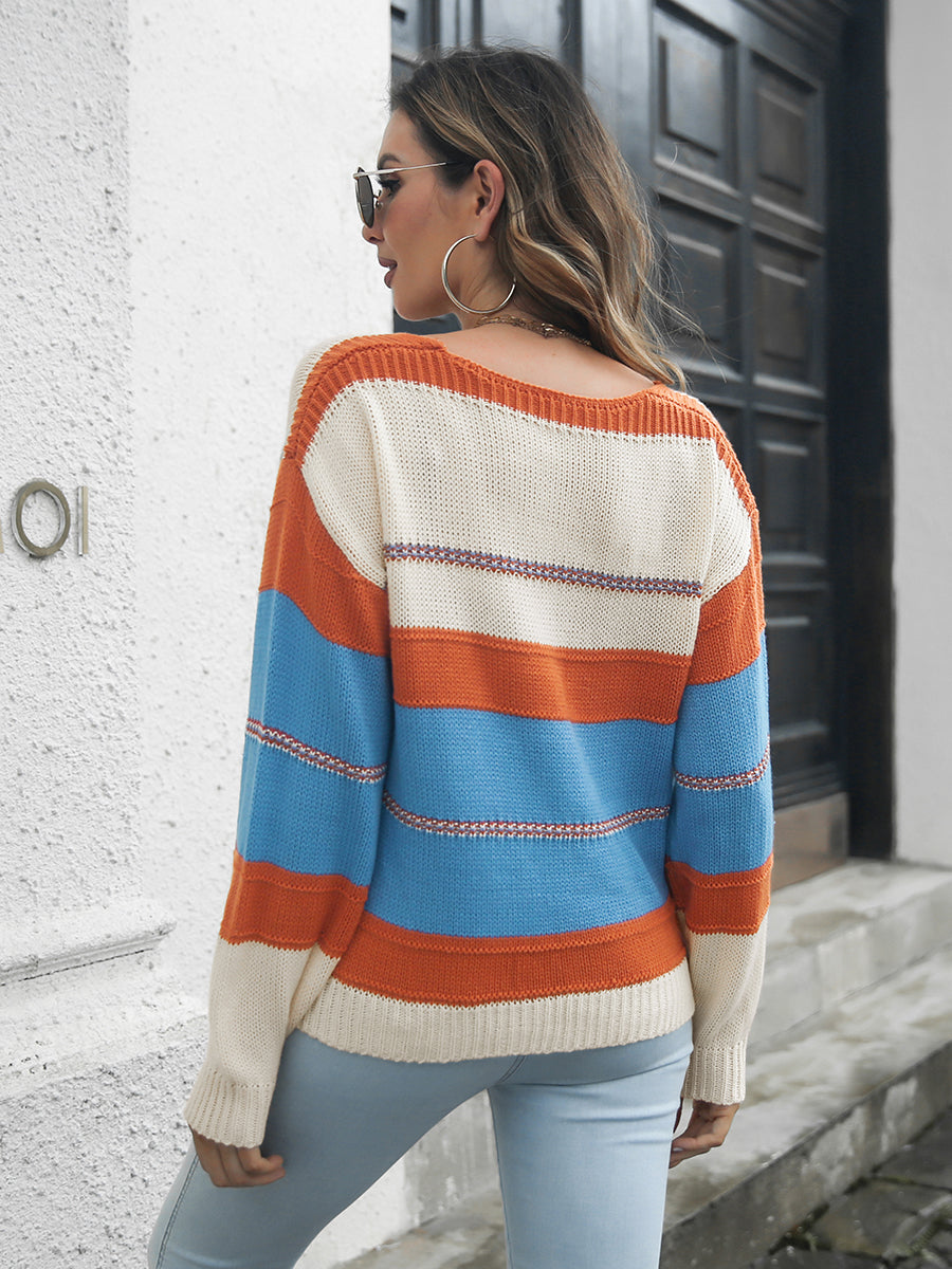 Striped V-Neck Drop Shoulder Sweater BLUE ZONE PLANET