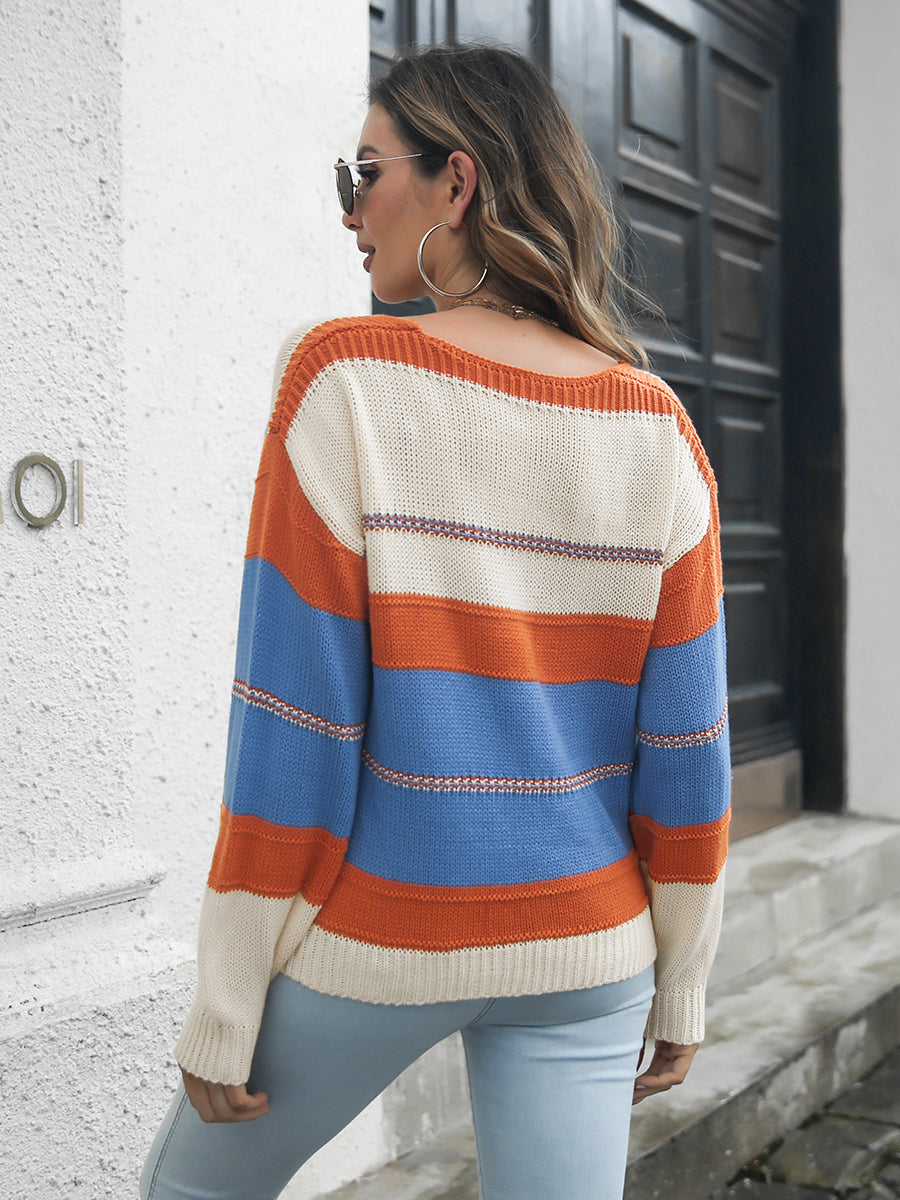 Striped V-Neck Drop Shoulder Sweater BLUE ZONE PLANET