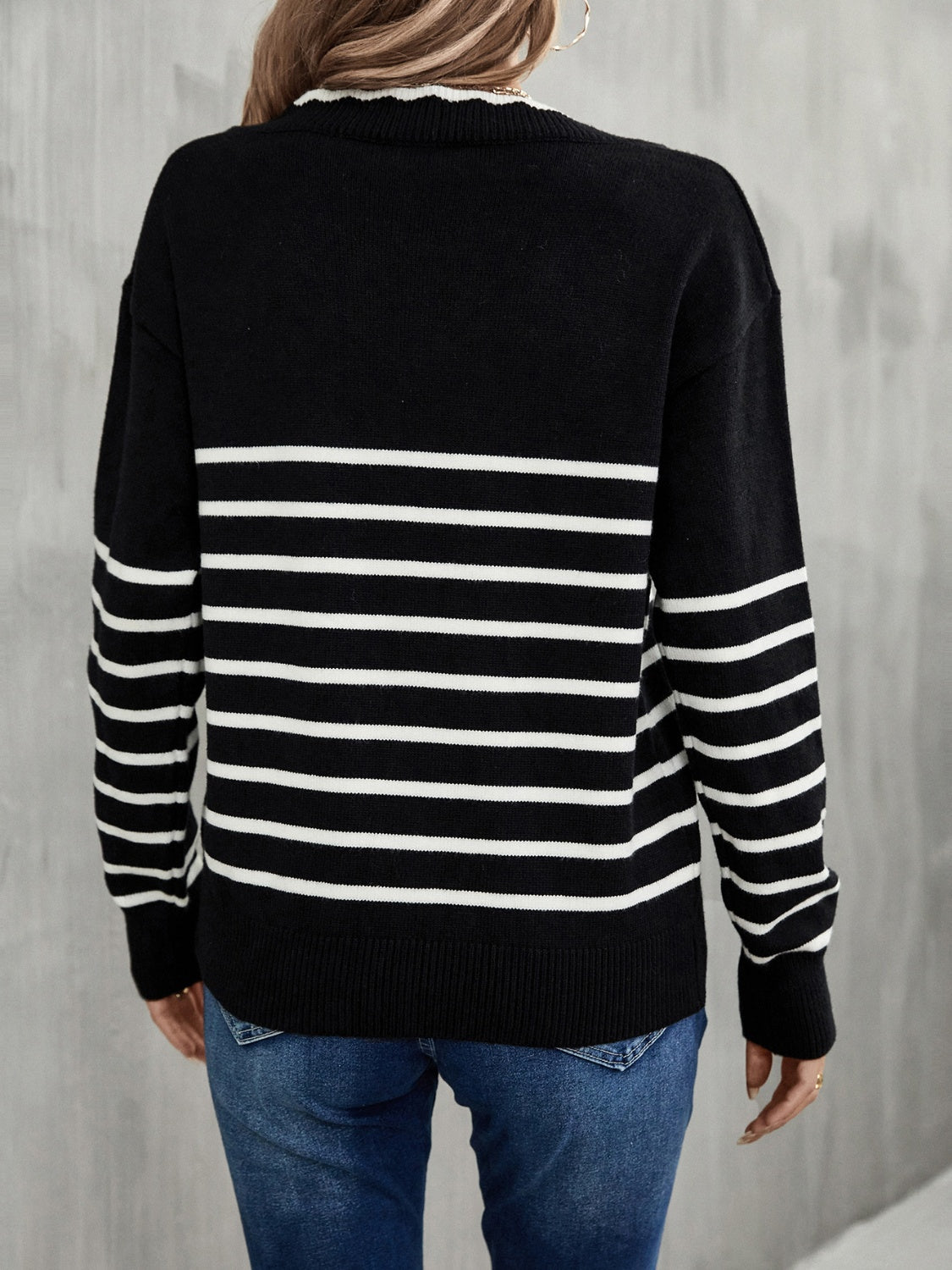 Striped V-Neck Drop Shoulder Sweater BLUE ZONE PLANET