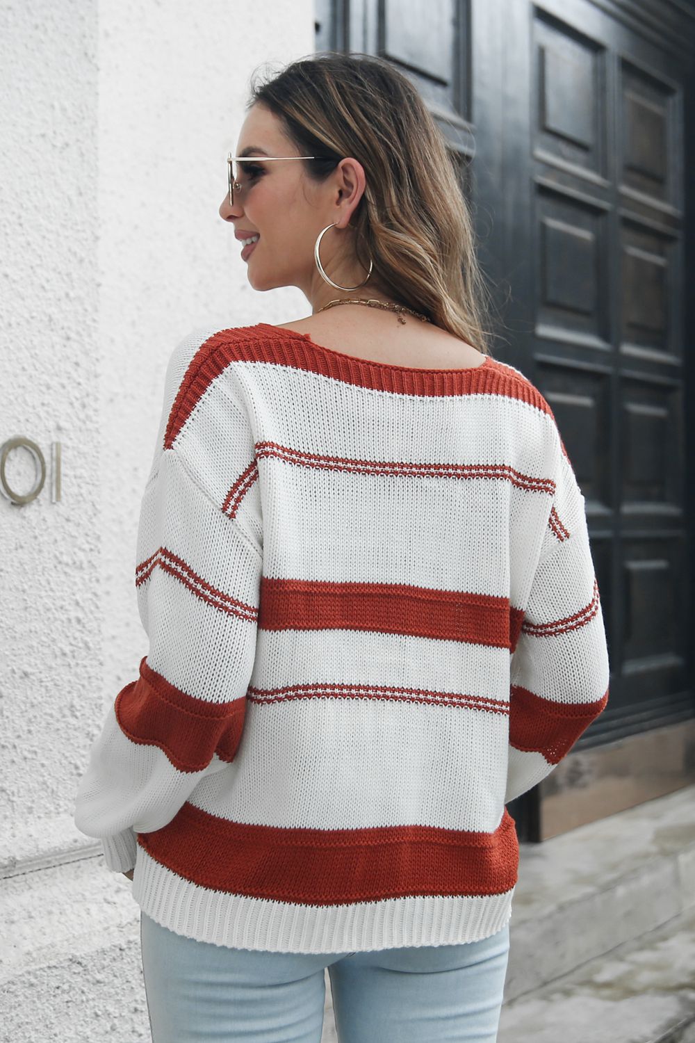 Striped V-Neck Drop Shoulder Sweater BLUE ZONE PLANET
