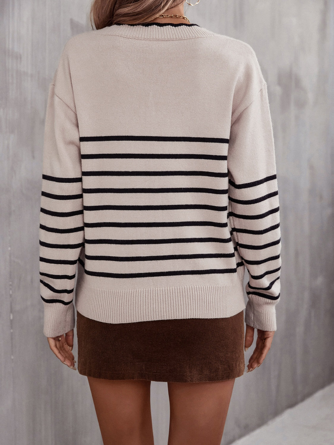 Striped V-Neck Drop Shoulder Sweater BLUE ZONE PLANET