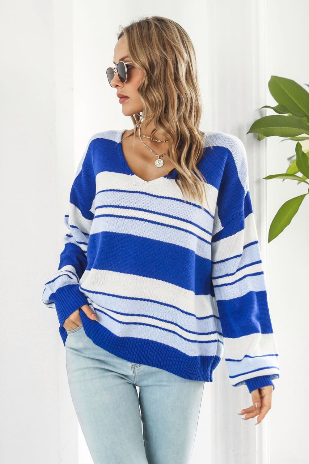 Striped V-Neck Dropped Shoulder Sweater BLUE ZONE PLANET