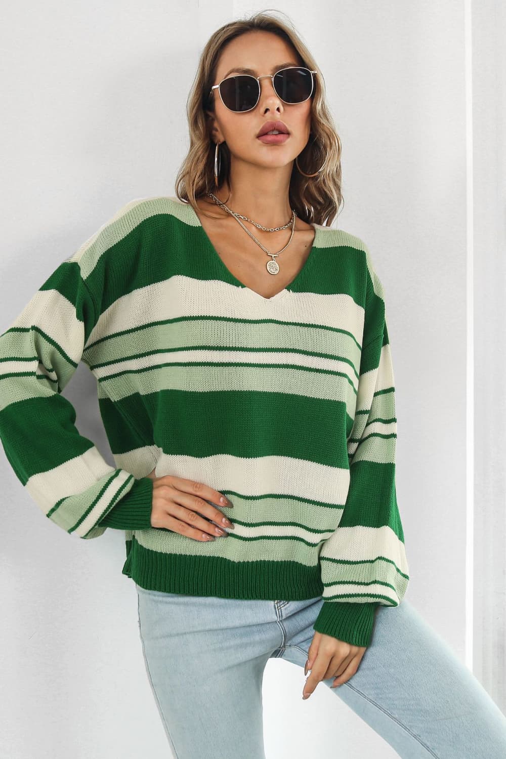 Striped V-Neck Dropped Shoulder Sweater BLUE ZONE PLANET