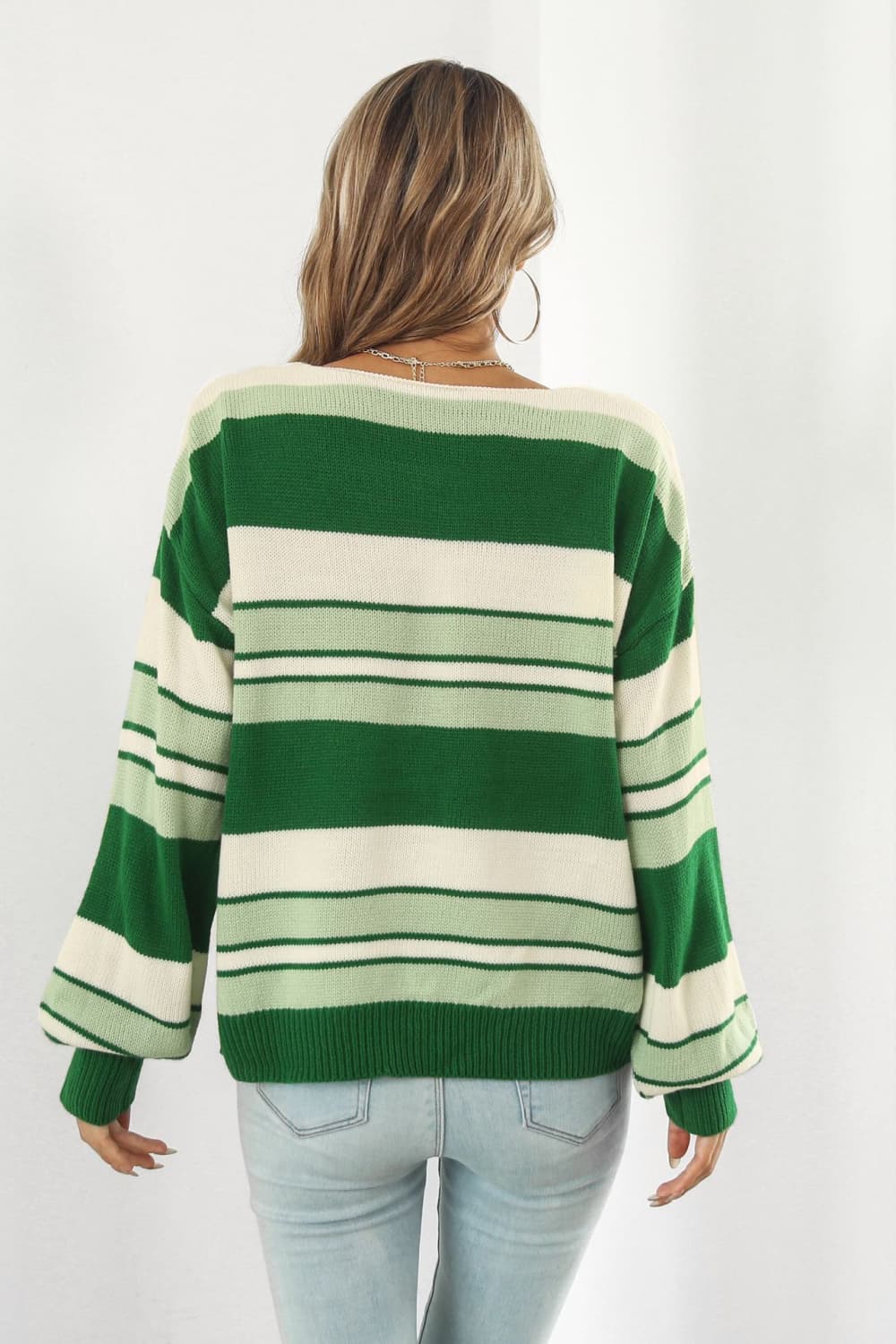 Striped V-Neck Dropped Shoulder Sweater BLUE ZONE PLANET