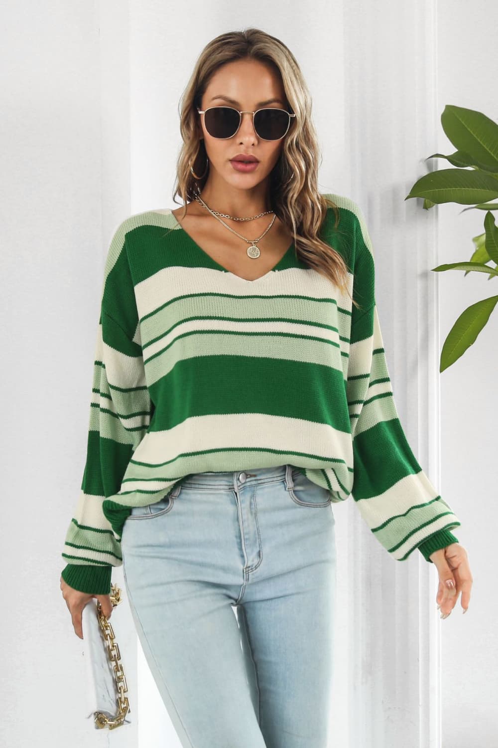 Striped V-Neck Dropped Shoulder Sweater BLUE ZONE PLANET