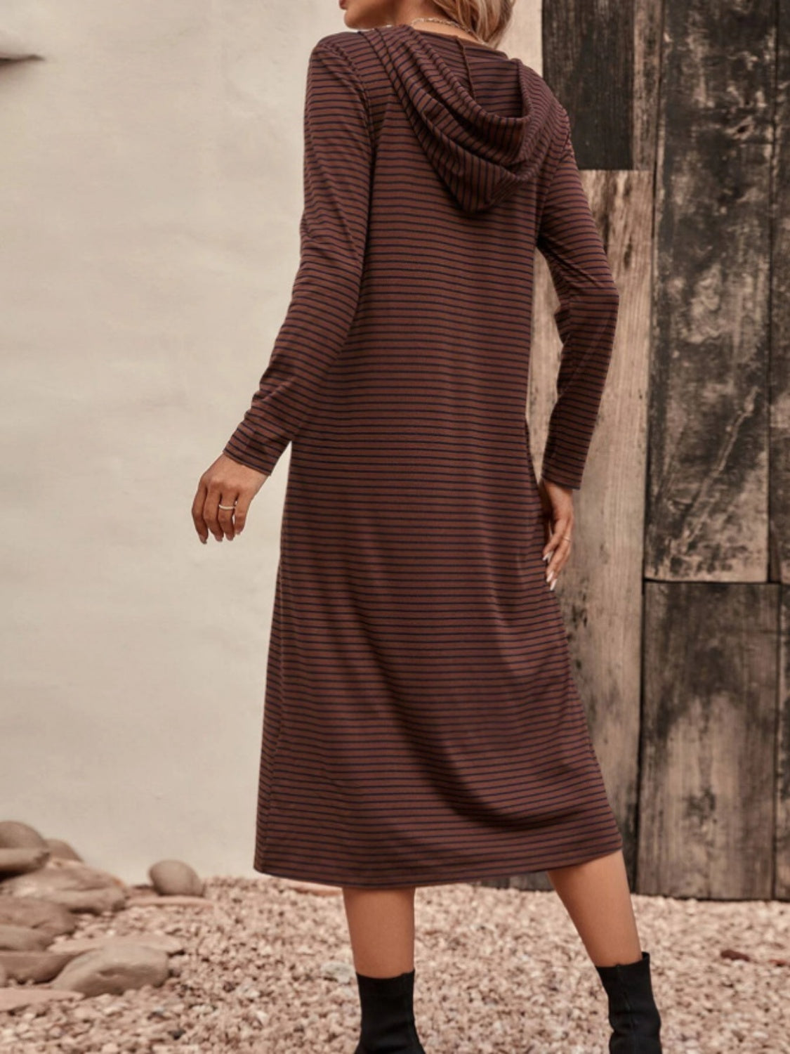 Striped Zip Front Hooded Dress BLUE ZONE PLANET