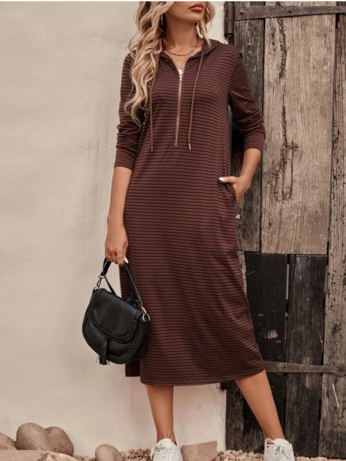 Striped Zip Front Hooded Dress BLUE ZONE PLANET