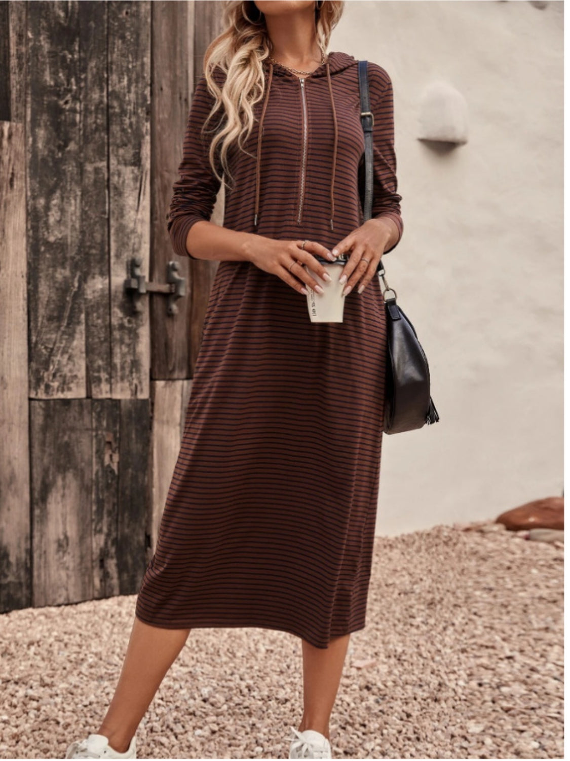 Striped Zip Front Hooded Dress BLUE ZONE PLANET