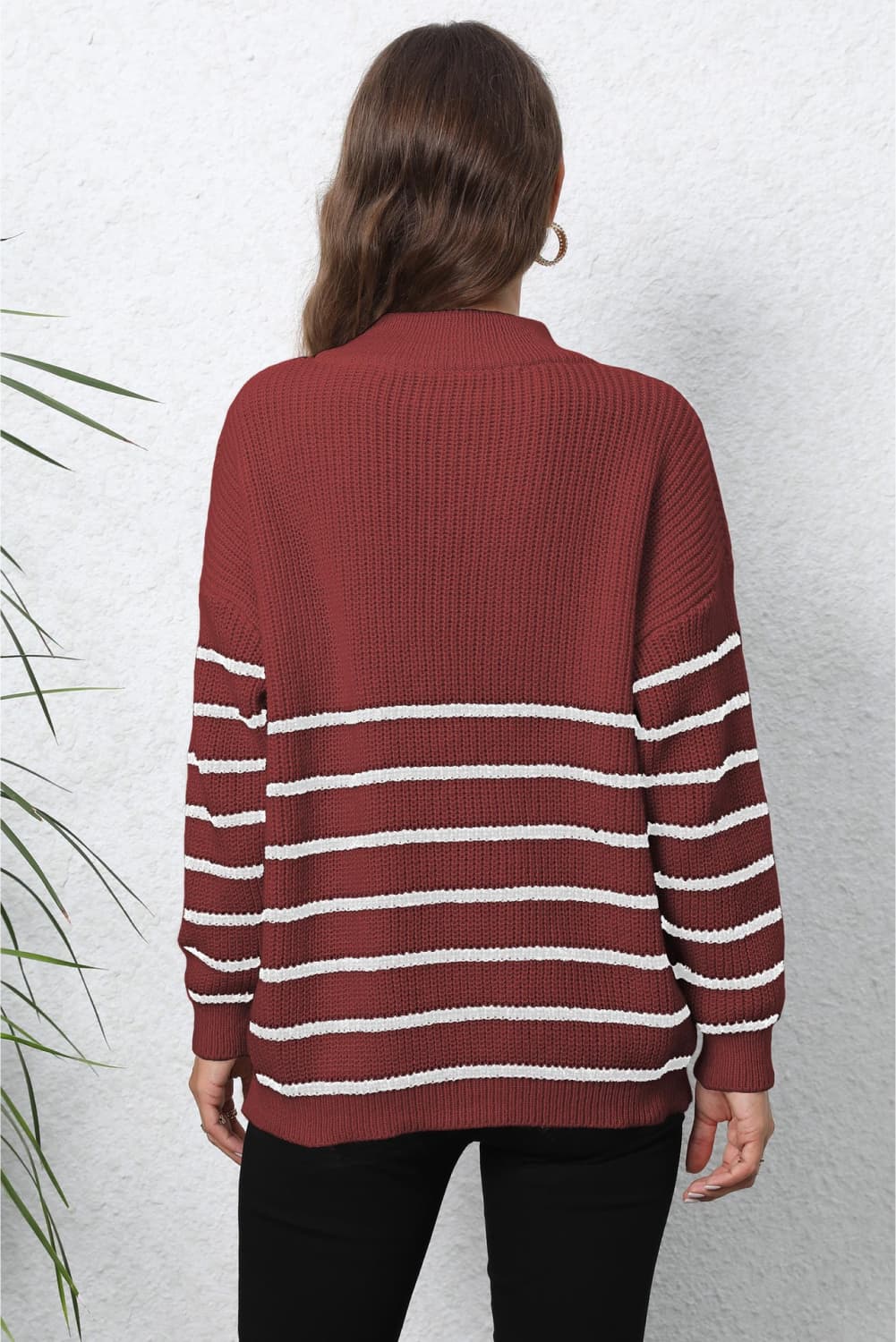 Striped Zip-Up Long Sleeve Ribbed Sweater BLUE ZONE PLANET
