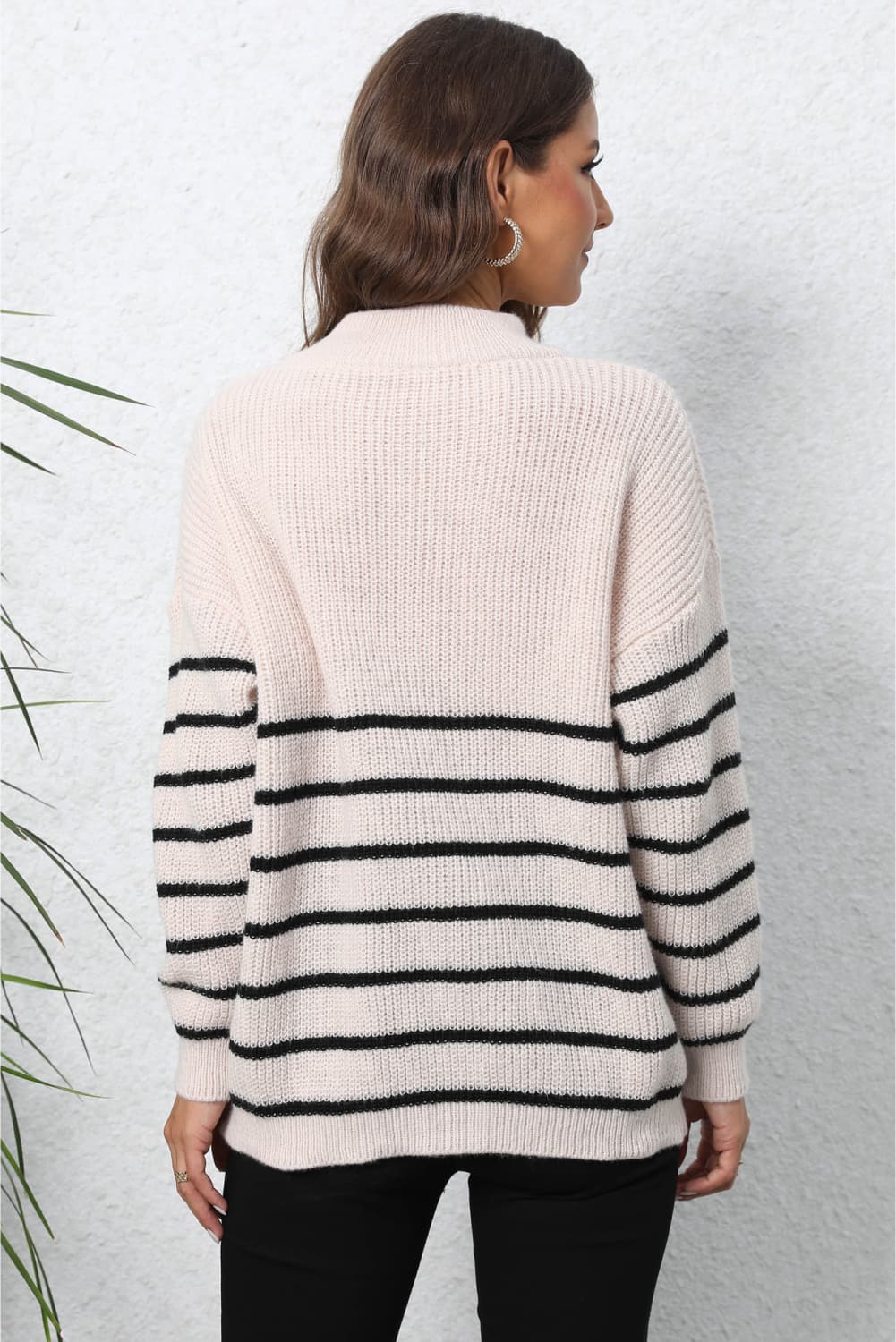 Striped Zip-Up Long Sleeve Ribbed Sweater BLUE ZONE PLANET