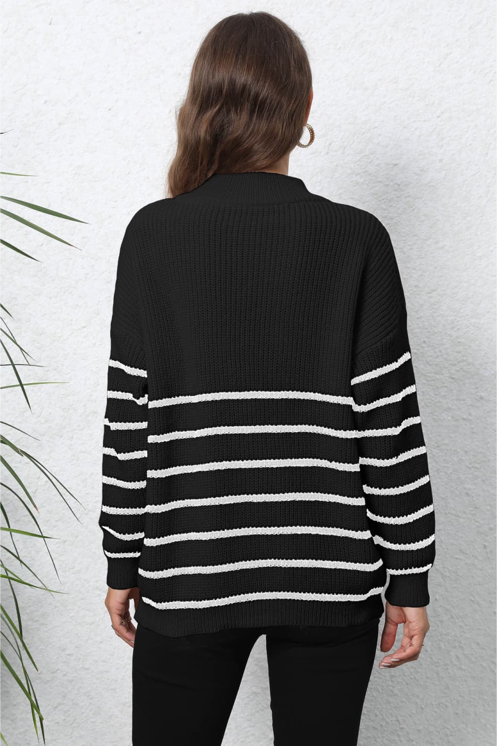Striped Zip-Up Long Sleeve Ribbed Sweater BLUE ZONE PLANET