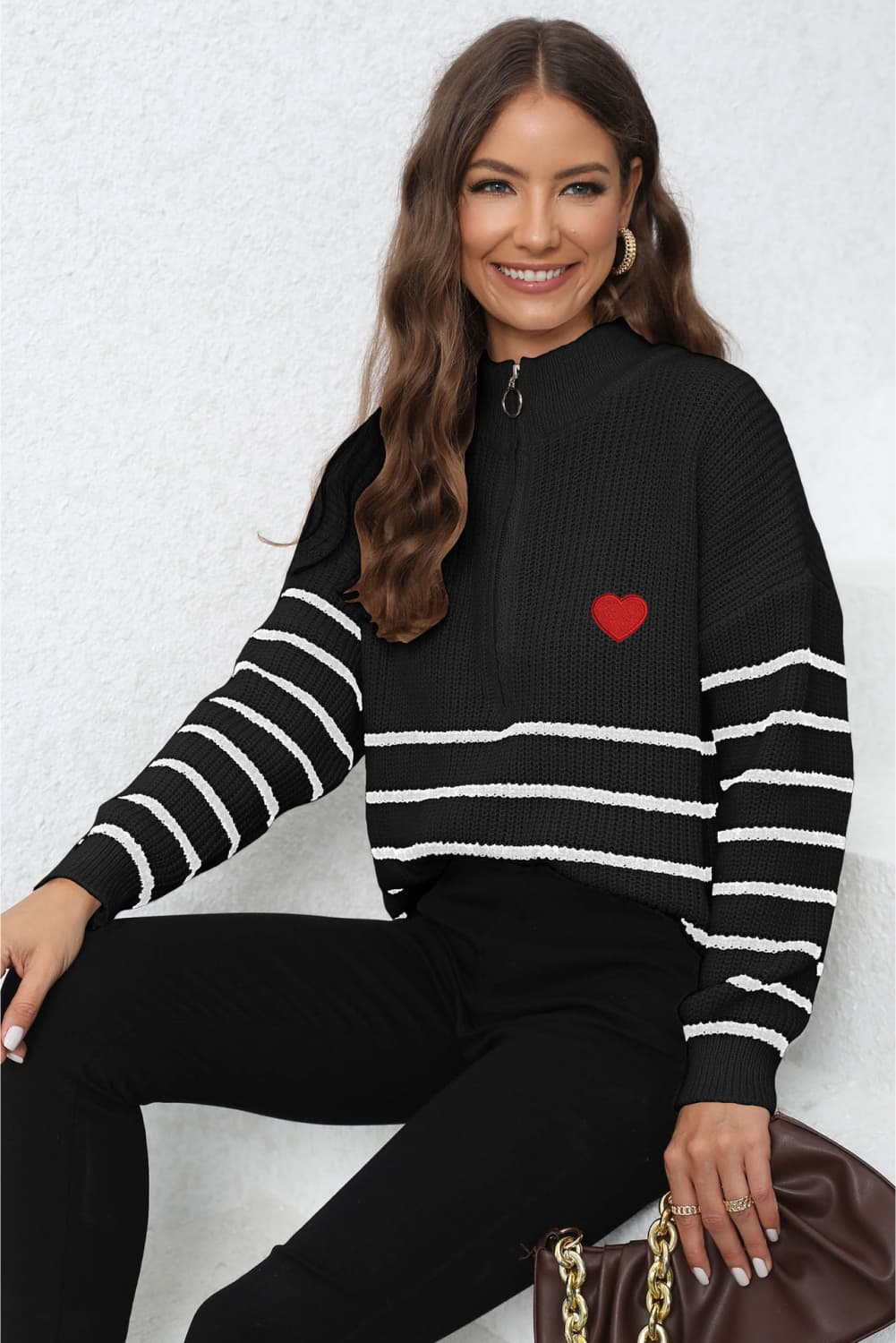 Striped Zip-Up Long Sleeve Ribbed Sweater BLUE ZONE PLANET