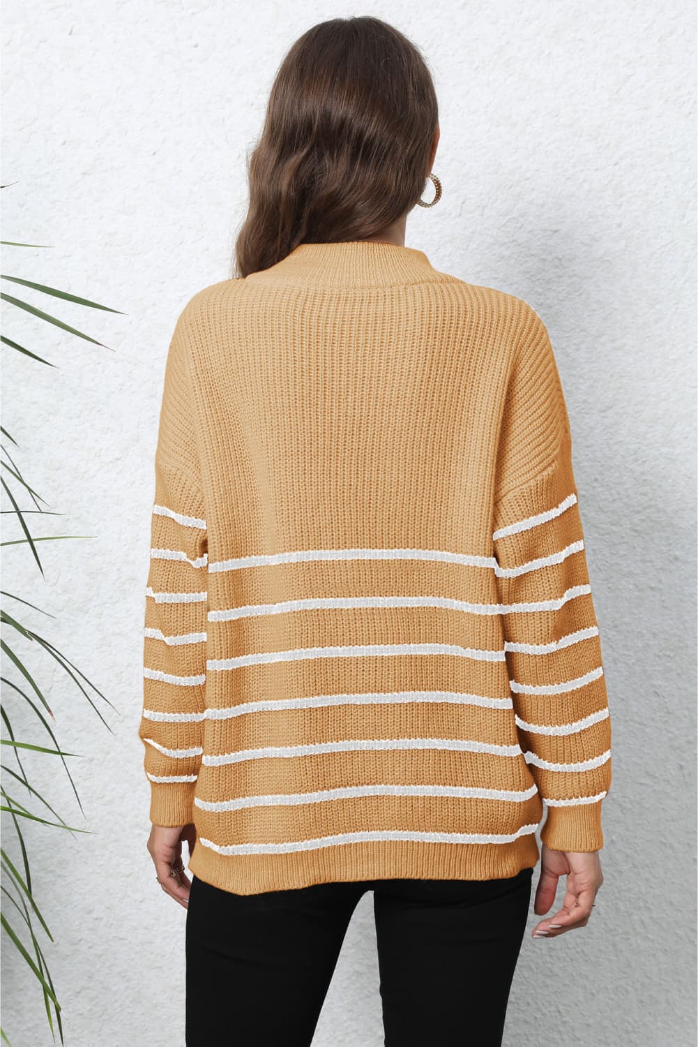 Striped Zip-Up Long Sleeve Ribbed Sweater BLUE ZONE PLANET