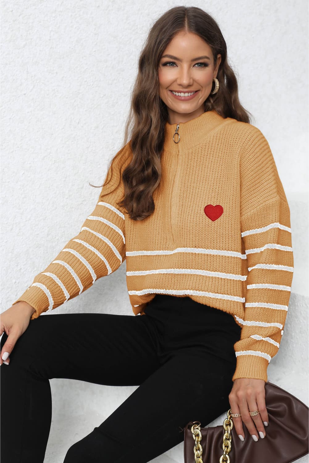 Striped Zip-Up Long Sleeve Ribbed Sweater BLUE ZONE PLANET