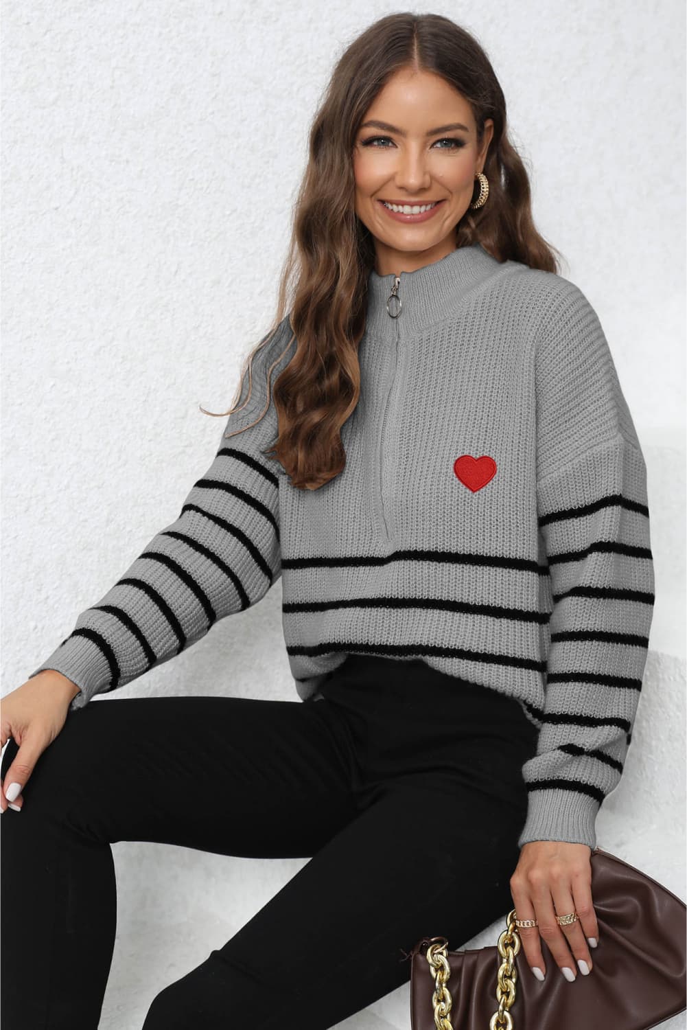 Striped Zip-Up Long Sleeve Ribbed Sweater BLUE ZONE PLANET