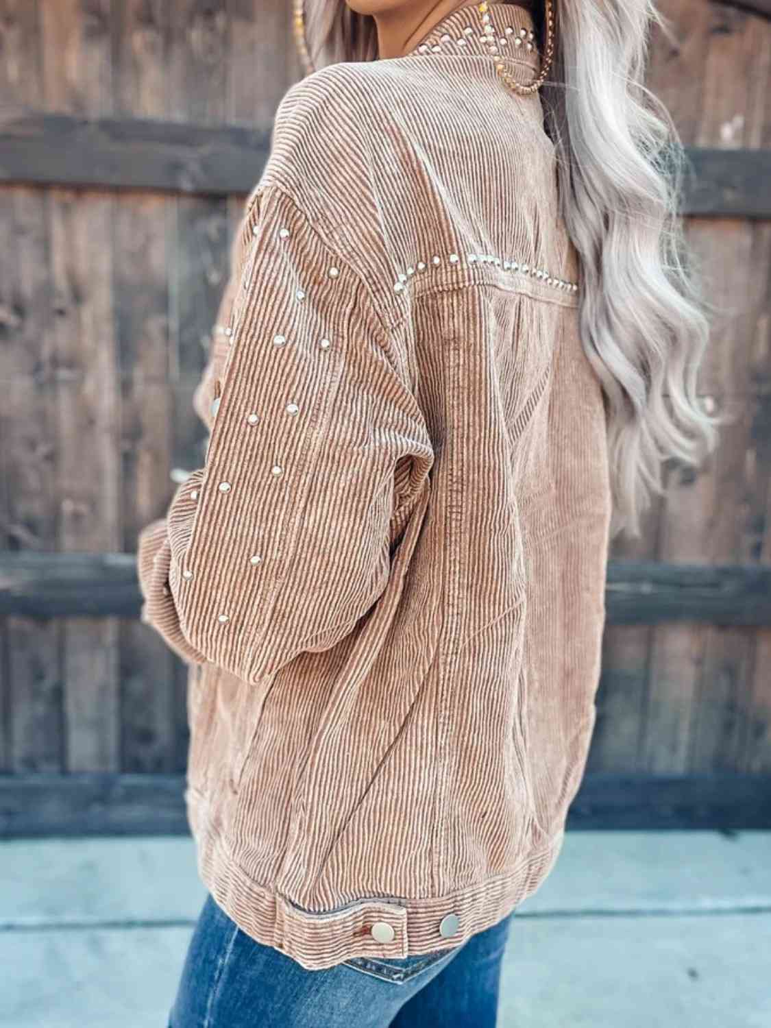Studded Collared Neck Button Down Jacket BLUE ZONE PLANET