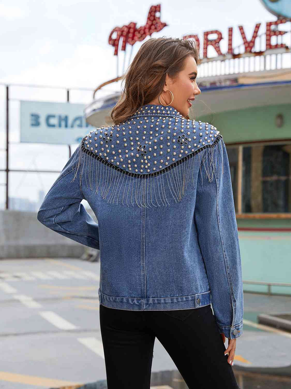 Studded Fringe Button Down Denim Jacket BLUE ZONE PLANET