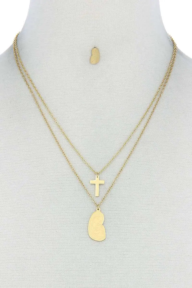 Stylish Double Layer Cross And Mary Necklace And Earring Set Blue Zone Planet
