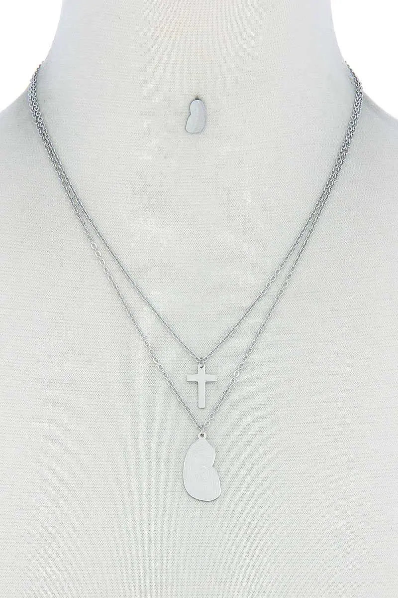 Stylish Double Layer Cross And Mary Necklace And Earring Set Blue Zone Planet