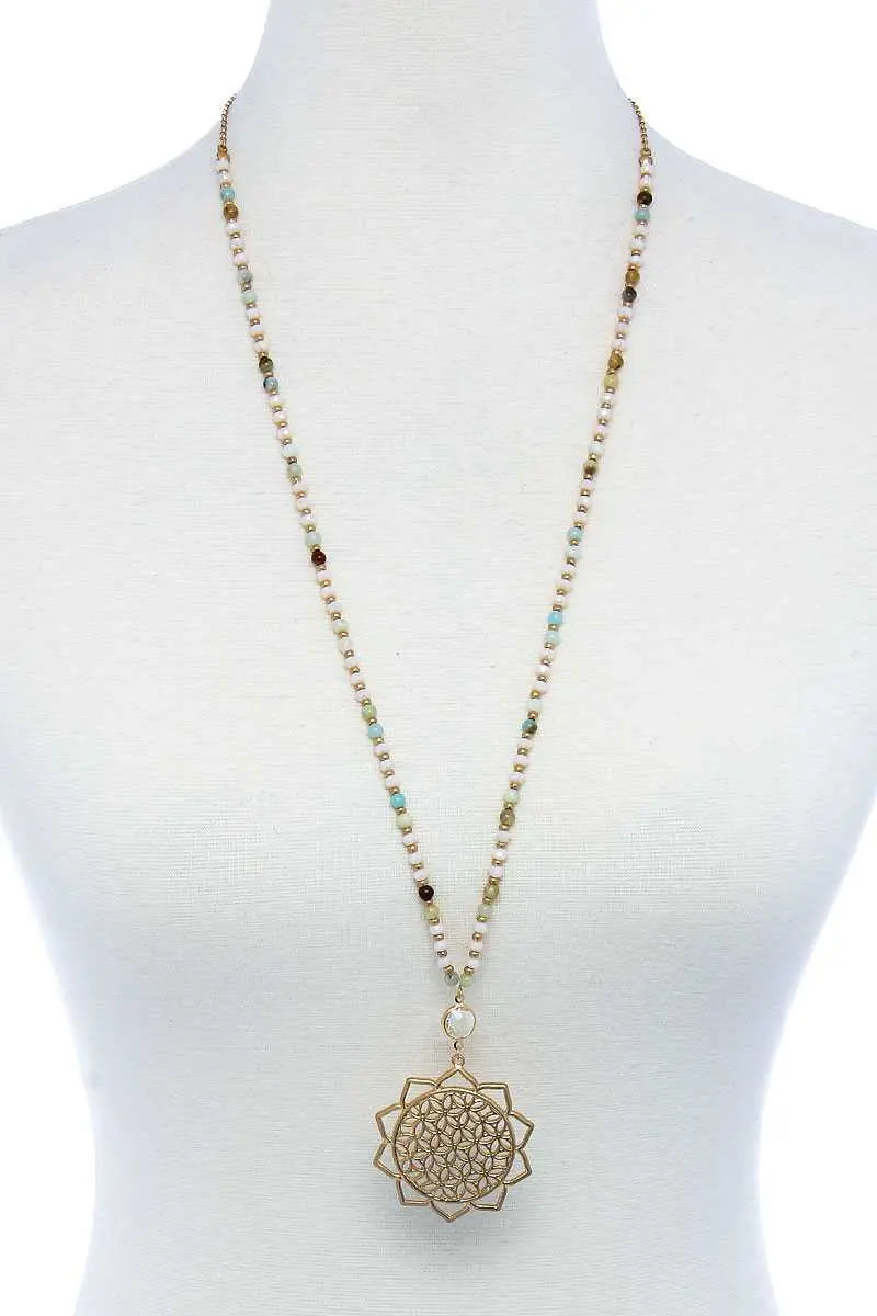 Stylish Sun Flower Pendant Beaded Necklace Blue Zone Planet