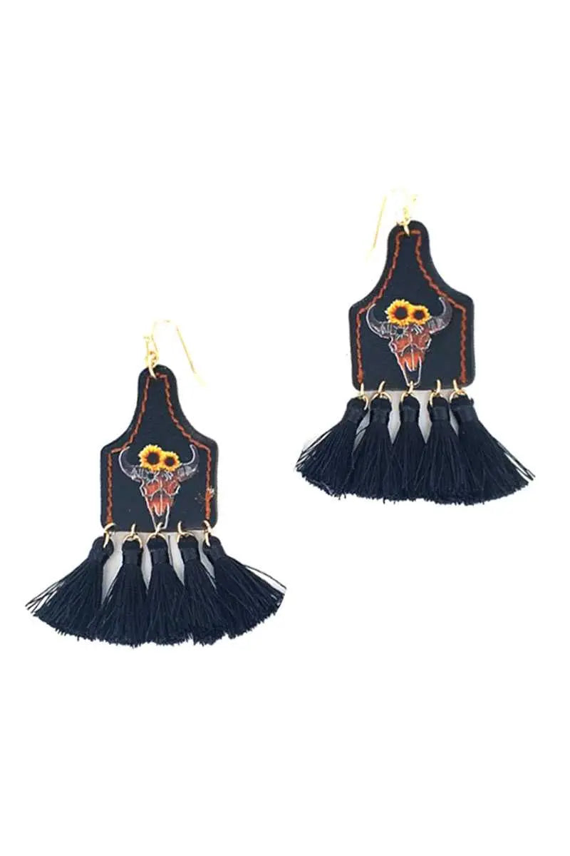 Stylish Western Cow Skull And Tassel Drop Earring Blue Zone Planet