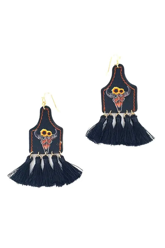 Stylish Western Cow Skull And Tassel Drop Earring Blue Zone Planet