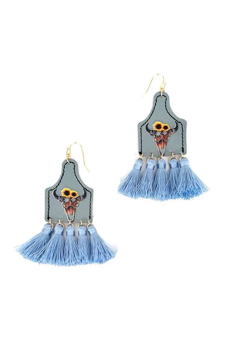 Stylish Western Cow Skull And Tassel Drop Earring Blue Zone Planet
