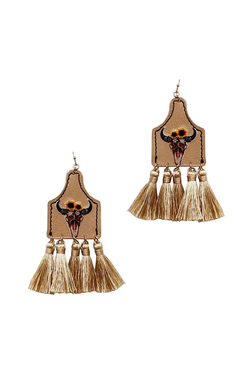 Stylish Western Cow Skull And Tassel Drop Earring Blue Zone Planet