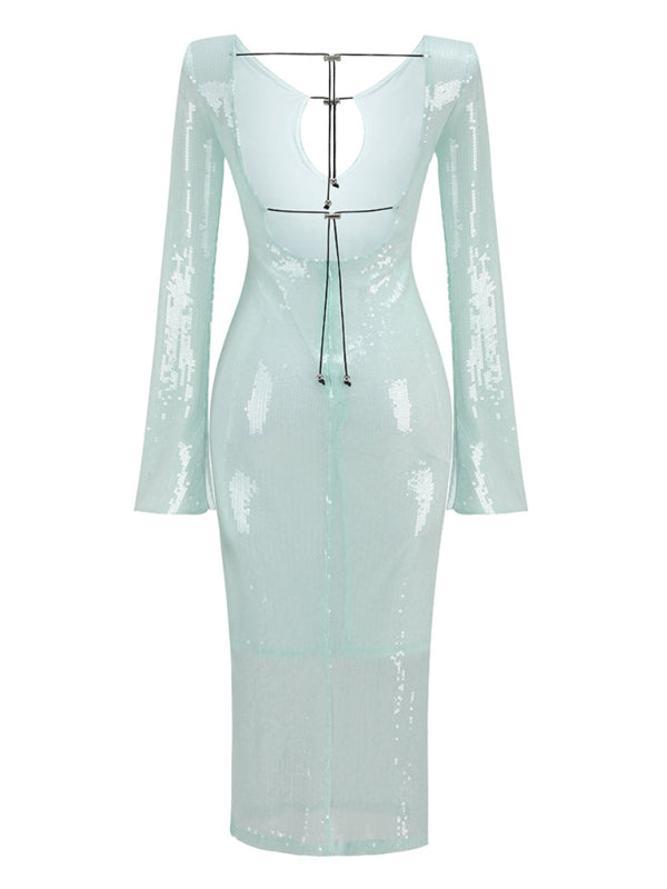 Stylish sequined V-neck backless dress slim fit party dress mid-length dress BLUE ZONE PLANET