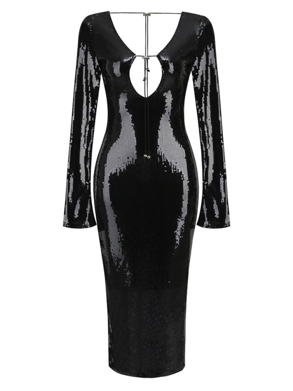 Stylish sequined V-neck backless dress slim fit party dress mid-length dress BLUE ZONE PLANET