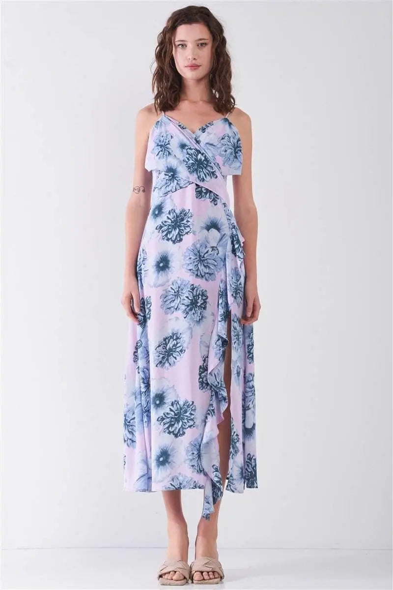 Summer Sunset Floral Sleeveless Midi Dress Blue Zone Planet