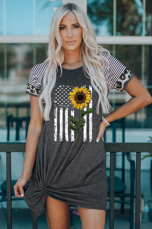 Sunflower Graphic Mixed Print Twisted Dress-TOPS / DRESSES-[Adult]-[Female]-Mid Gray-S-2022 Online Blue Zone Planet