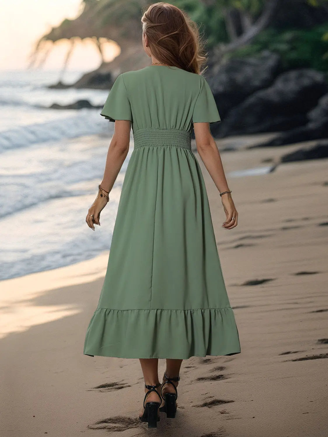 Surplice Flutter Sleeve Midi Dress BLUE ZONE PLANET
