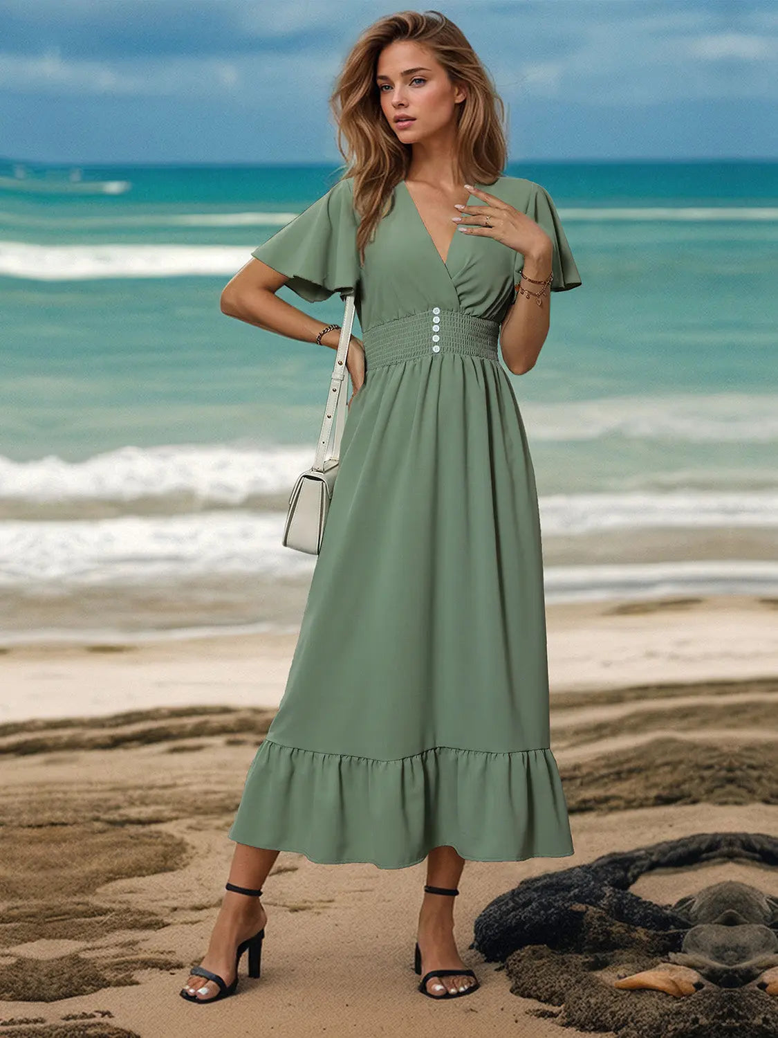 Surplice Flutter Sleeve Midi Dress BLUE ZONE PLANET