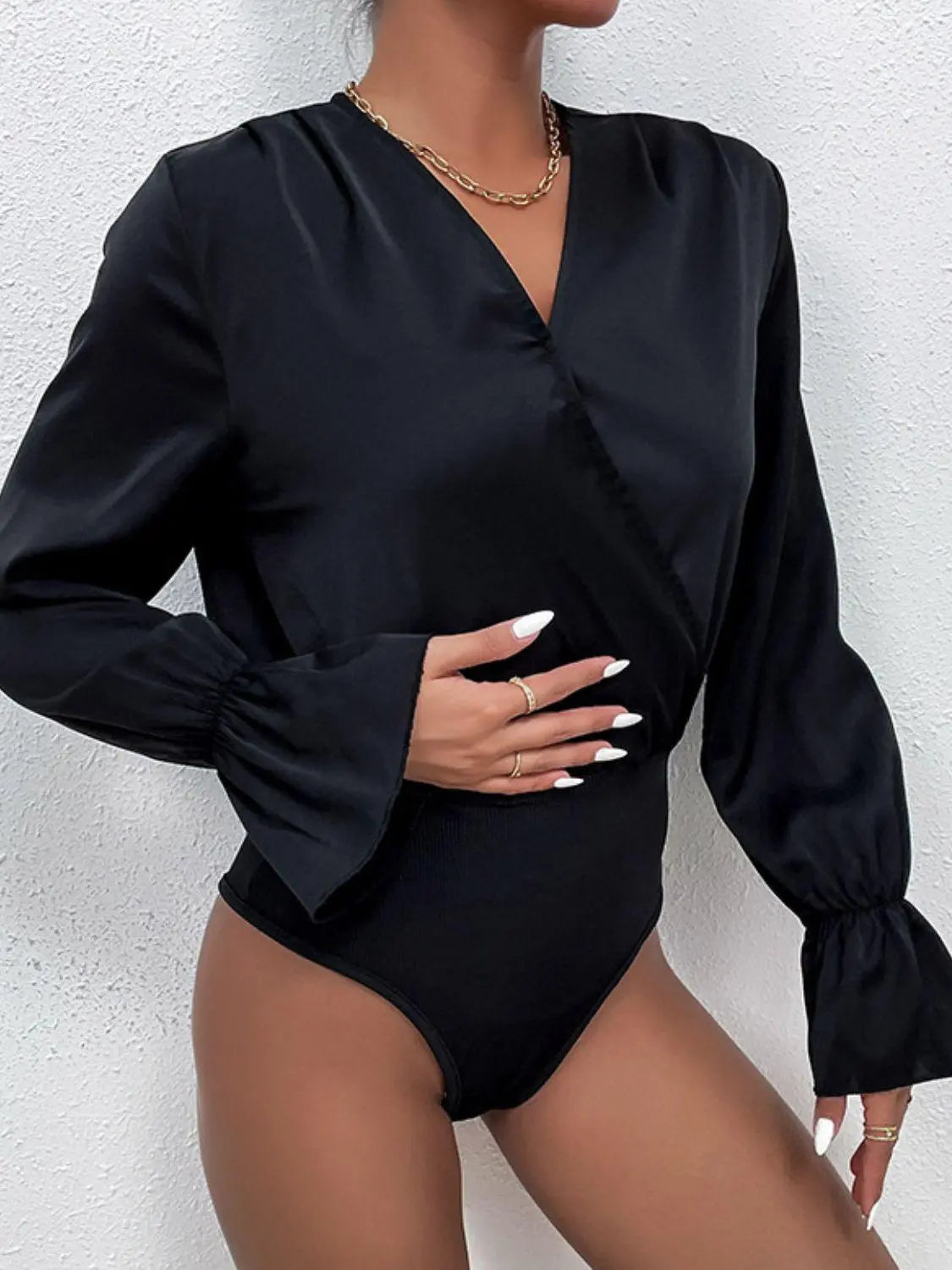 Surplice Neck Flounce Sleeve Bodysuit BLUE ZONE PLANET