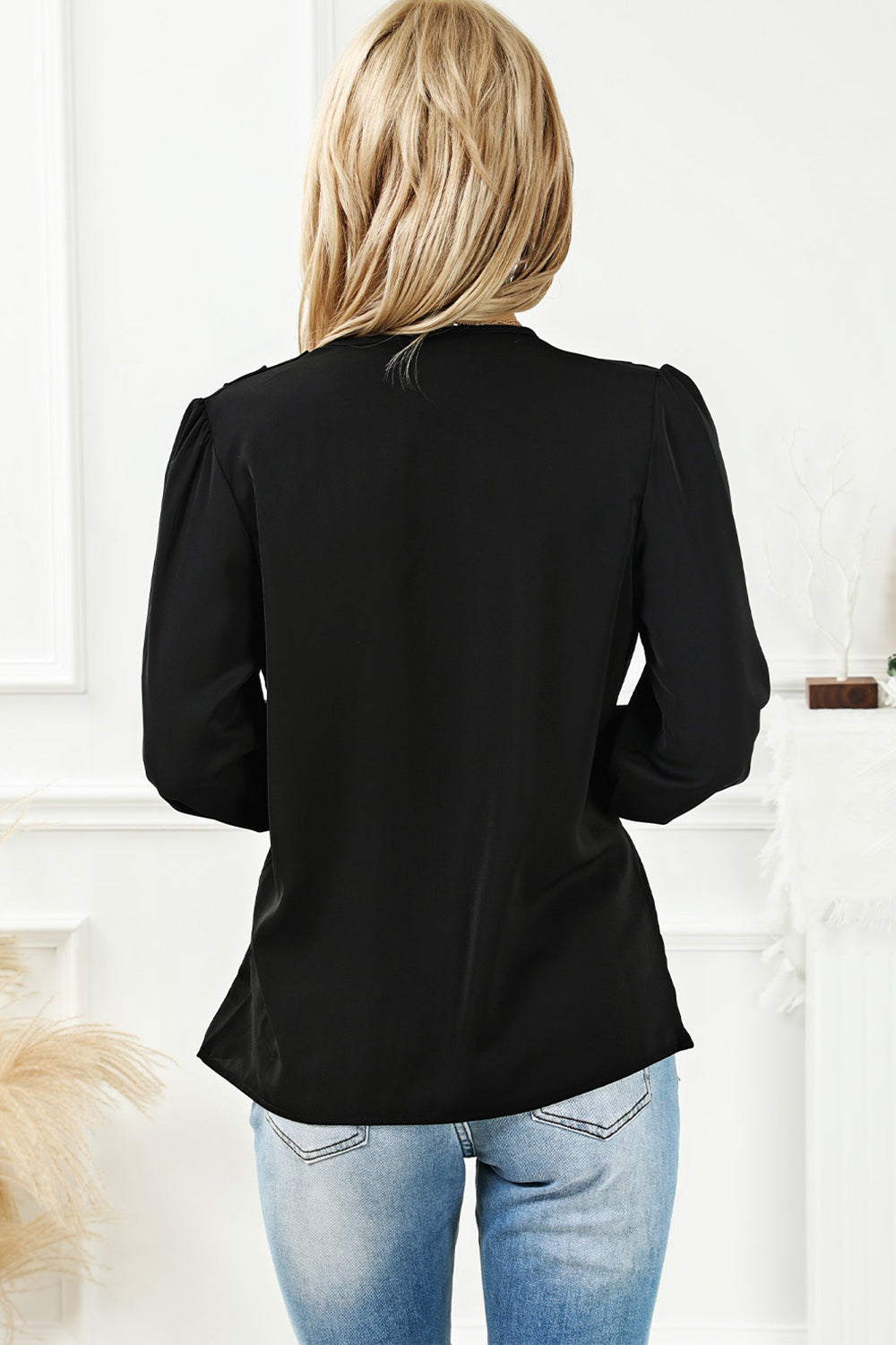 Surplice Neck Lantern Sleeve Blouse BLUE ZONE PLANET