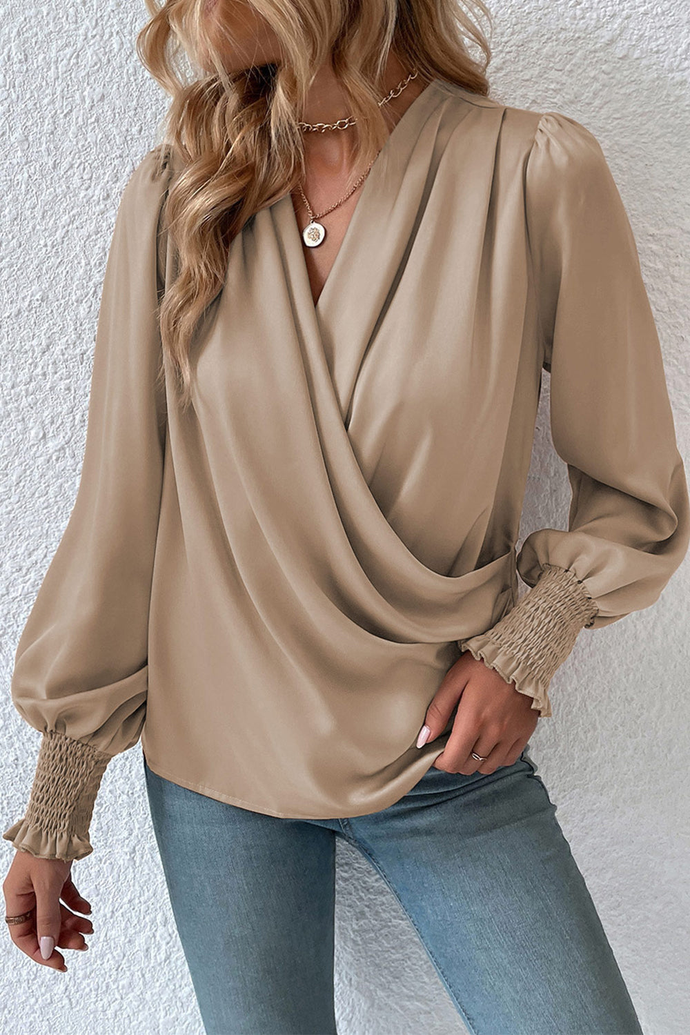 Surplice Neck Lantern Sleeve Blouse BLUE ZONE PLANET