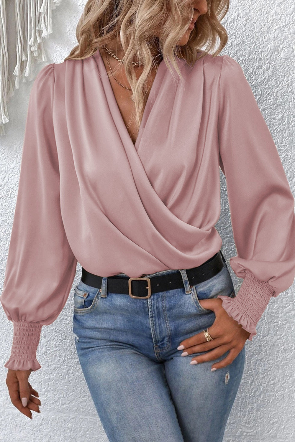 Surplice Neck Lantern Sleeve Blouse BLUE ZONE PLANET