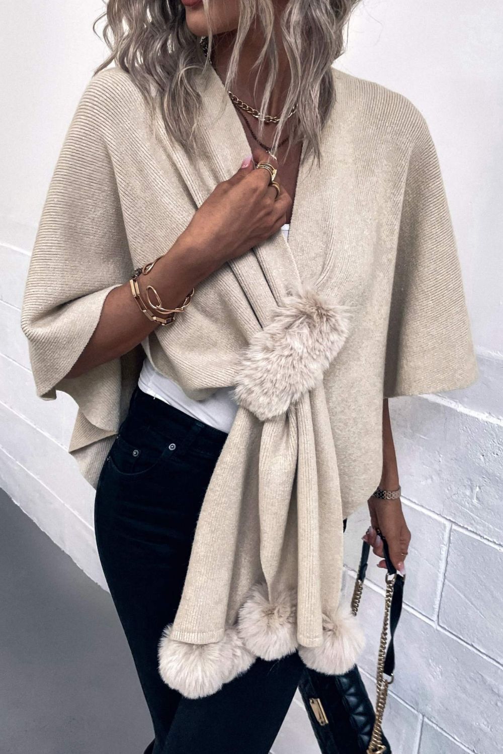 Surplice Neck Pom-Pom Trim Poncho BLUE ZONE PLANET