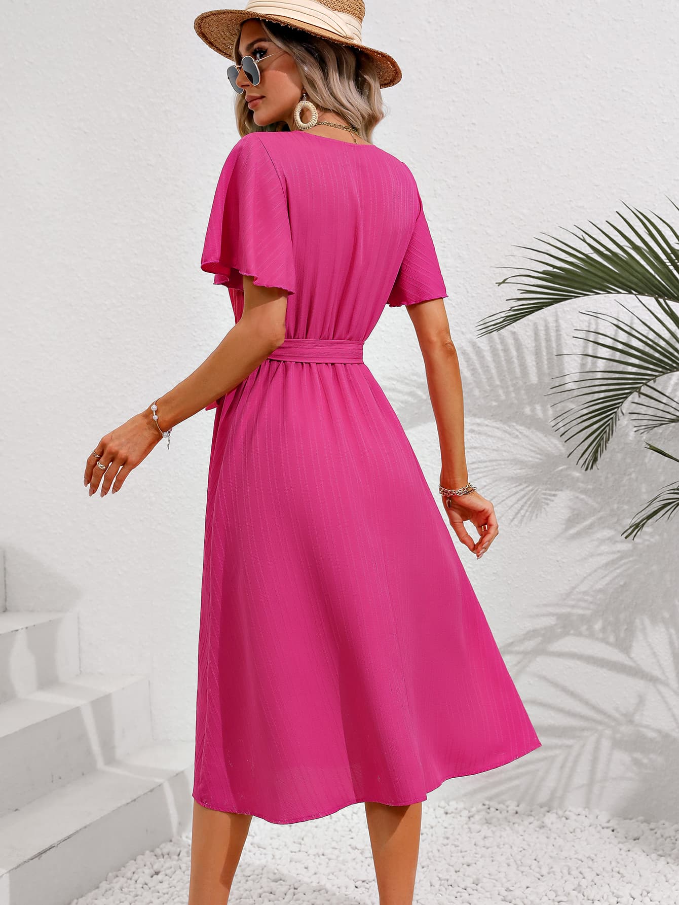 Surplice Neck Tie Belt Midi Dress BLUE ZONE PLANET