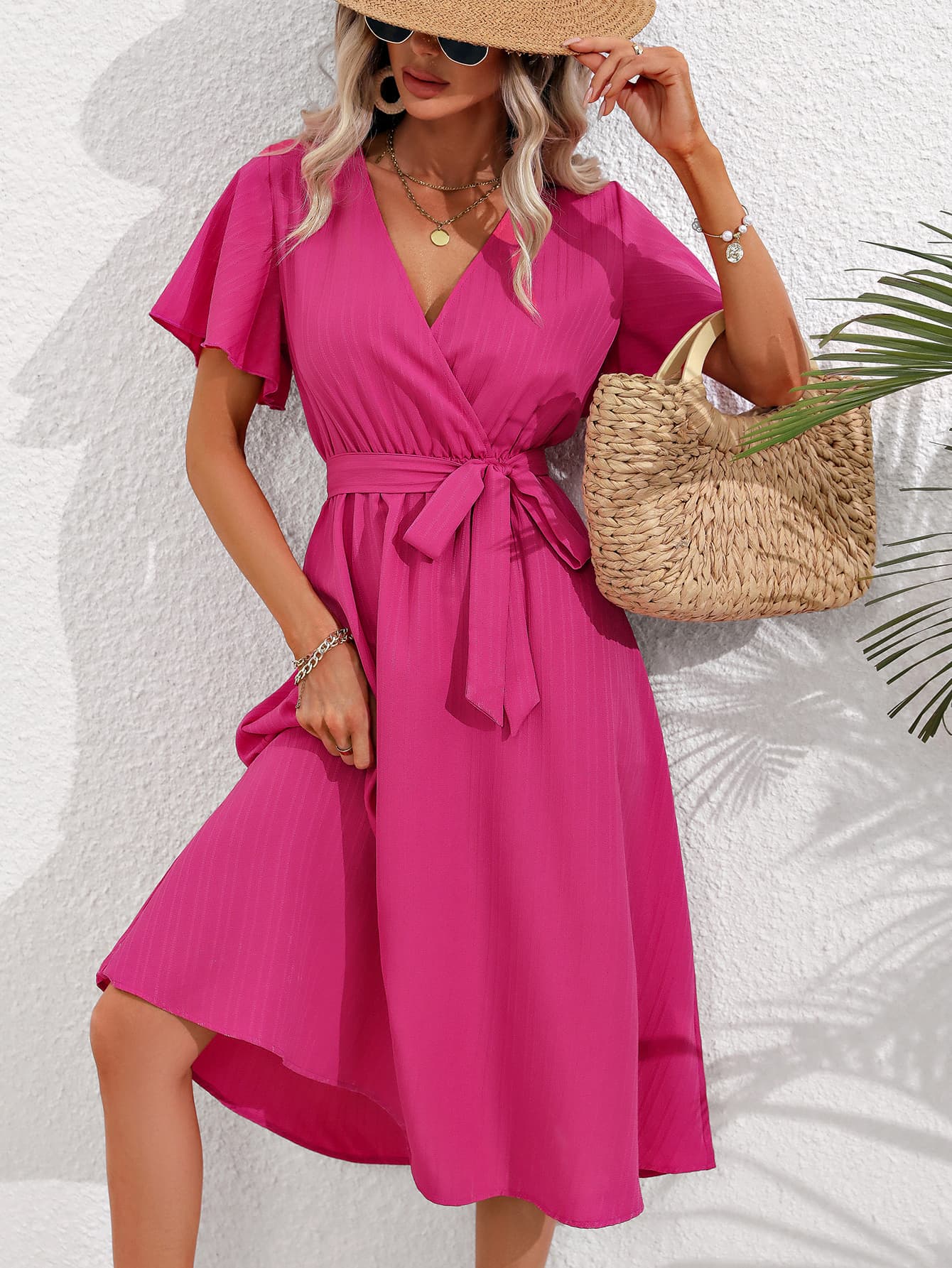 Surplice Neck Tie Belt Midi Dress BLUE ZONE PLANET